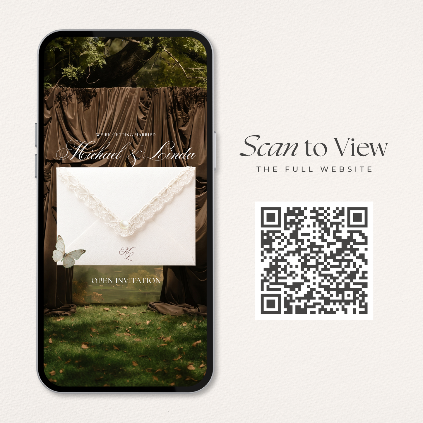 Brown & Ivory Floral Wedding Website Template with RSVP, Countdown and Music: Classic Envelope Digital Invitation