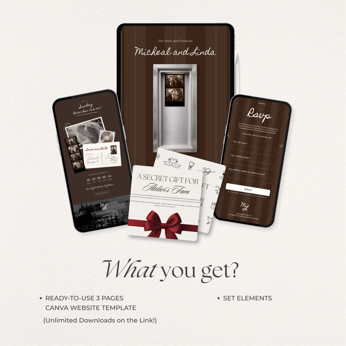 Brown Photo Booth Save the Date with RSVP, Editable Canva Wedding Website, Digital Invitation | Instant Download