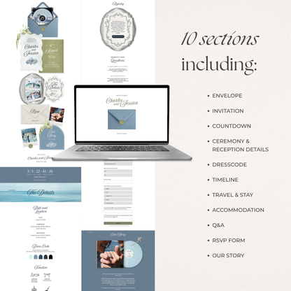 Dusty Blue Wedding Website Template with RSVP, Music and Countdown Timer: Elegant Editable Old Money Canva Site | Invitation Classic Wedding