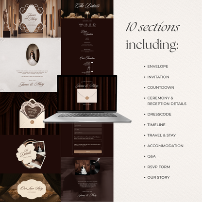 Old Money Wedding Website Template with RSVP, Music and Countdown Timer: Classic Brown Digital Invitation