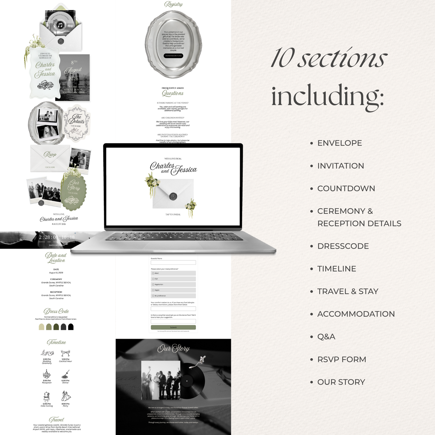 Ivory, Green & Black Floral Wedding Website Template with RSVP, Music and Countdown Timer: Editable Canva Design (Digital Download)