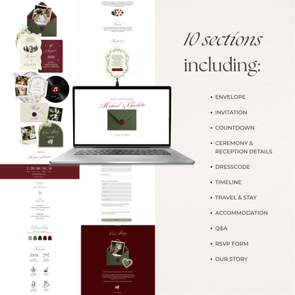 Olive Green & Burgundy Floral Wedding Website Template with RSVP, Music and Countdown Timer: Editable Canva Design (Digital Download)