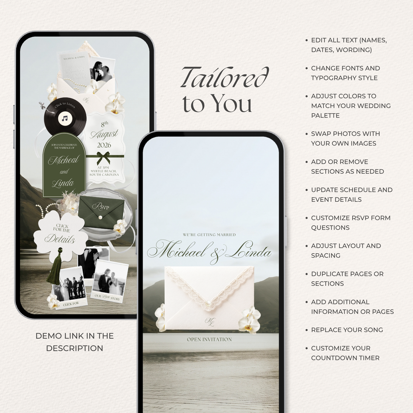 Olive Green Floral Wedding Website Template with RSVP, Music and Countdown Timer: DIY Canva Template (Digital Download)