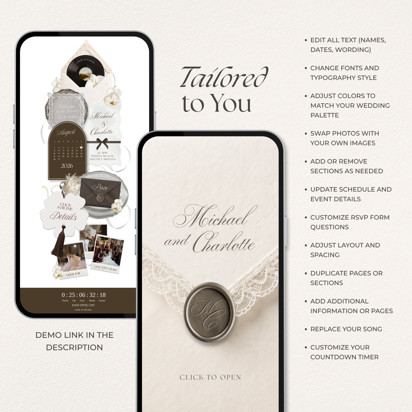 Old Money Wedding Website Template | Vintage Digital Wedding Invitation with RSVP, Music and Coundown Timer | Instant Download
