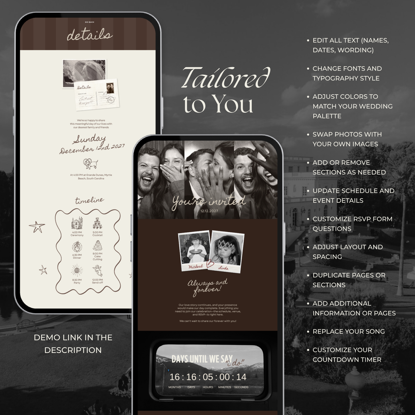 Brown Photo Booth Wedding Website Template with RSVP,Music and Countdown Timer: Modern Digital Wedding Invitation | Instant Download