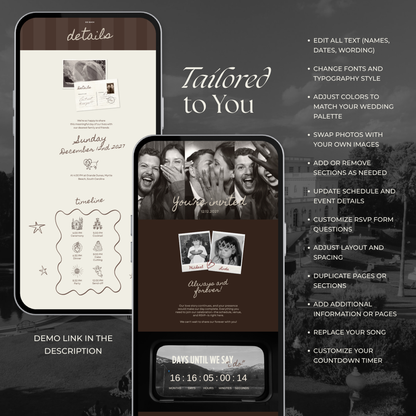 Brown Photo Booth Wedding Website Template with RSVP,Music and Countdown Timer: Modern Digital Wedding Invitation | Instant Download