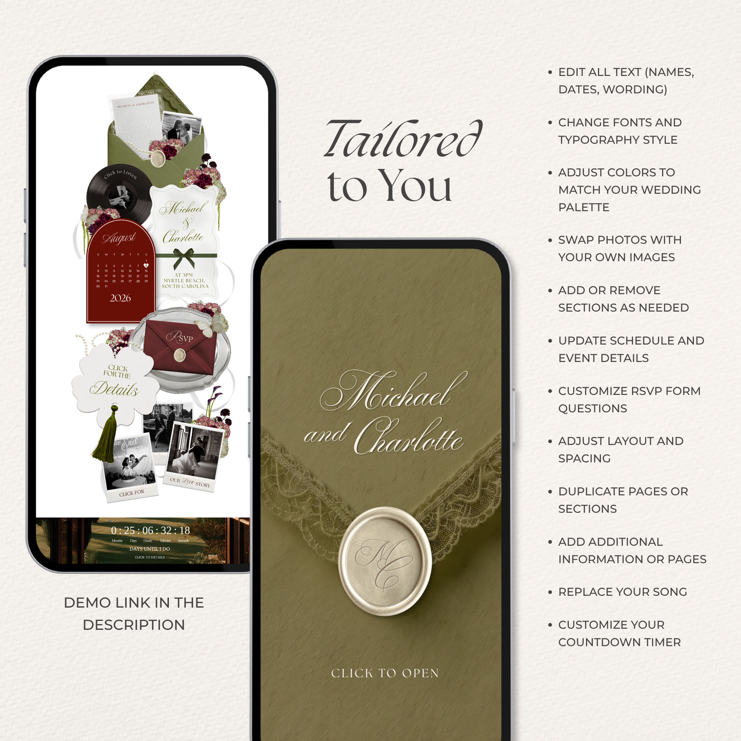 Olive Green Wedding Website Template Canva | Digital Wedding Invitation with RSVP, Music and Countdown Timer | Instant Download