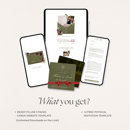 Olive Green & Burgundy Save the Date Website with RSVP, Countdown Timer: DIY Canva Template (Digital Download)