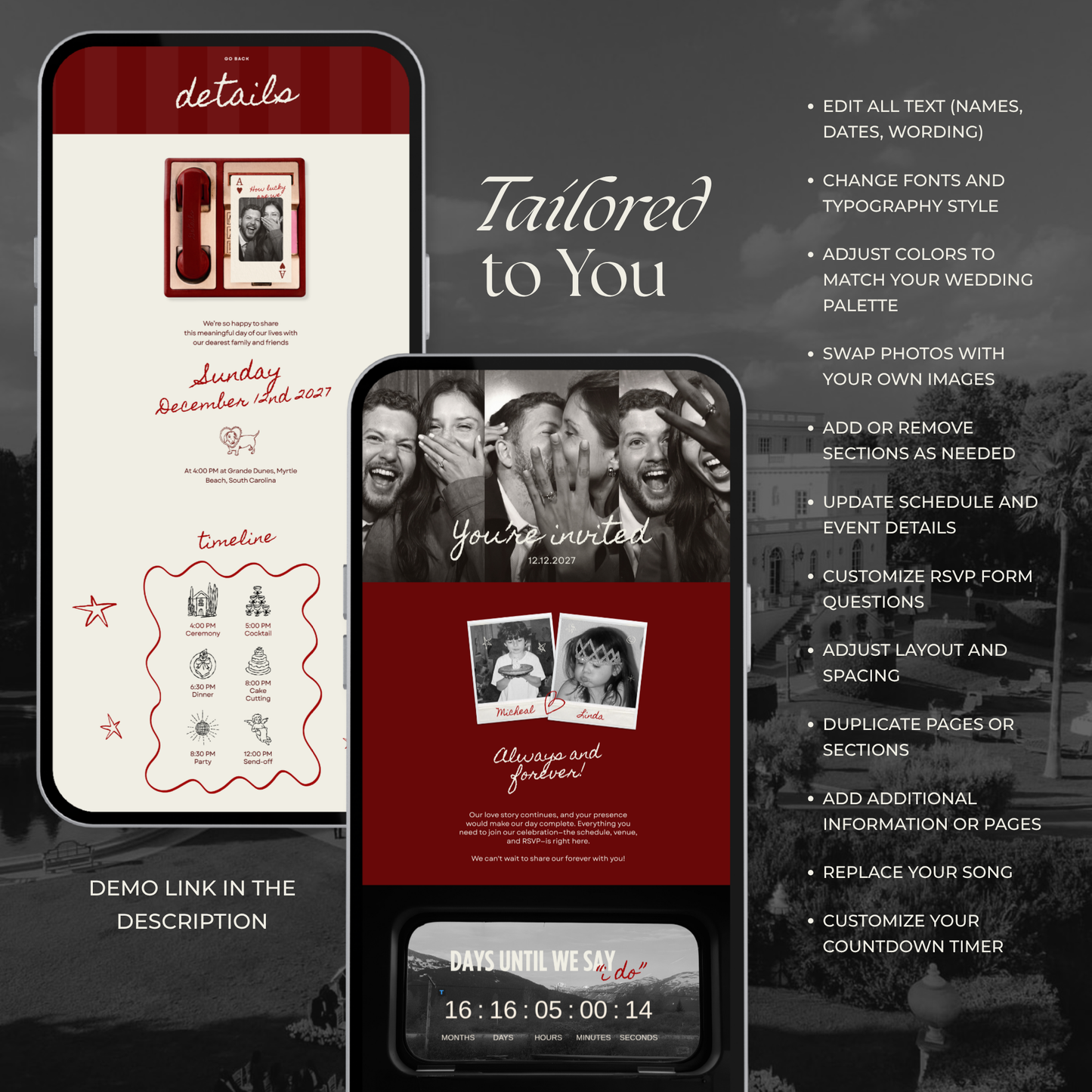 Burgundy Photo Booth Wedding Website Template with RSVP,Music and Countdown Timer: Modern Digital Wedding Invitation | Instant Download