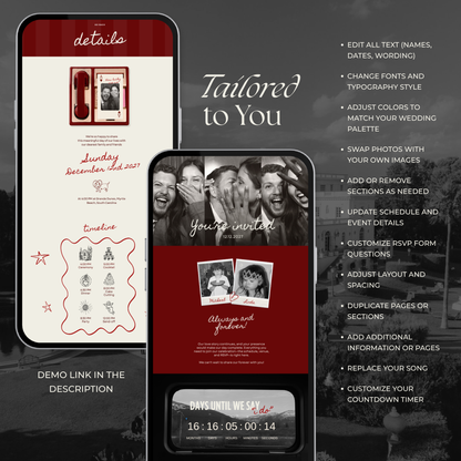 Burgundy Photo Booth Wedding Website Template with RSVP,Music and Countdown Timer: Modern Digital Wedding Invitation | Instant Download