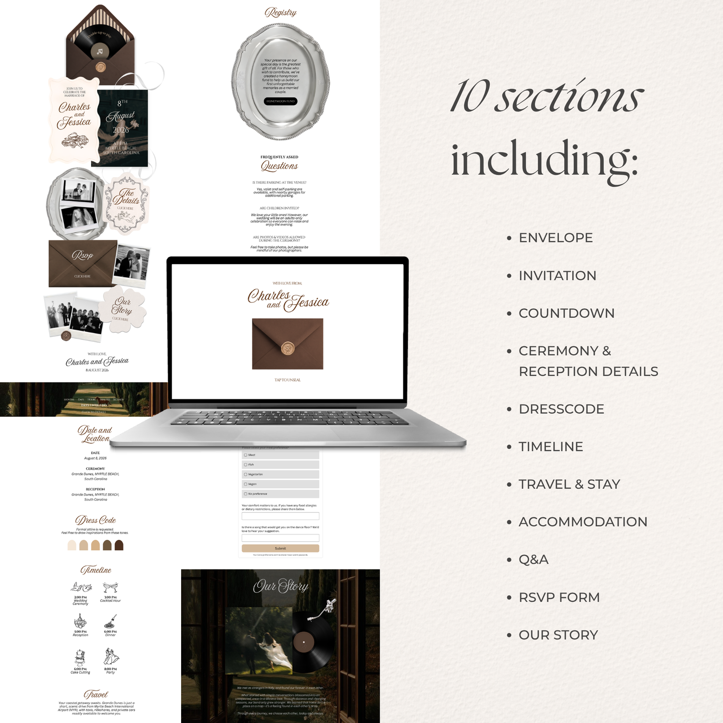 Espresso Brown & Ivory Wedding Website Template with RSVP, Music and Coundown Timer: Editable Canva Design (Digital Download)