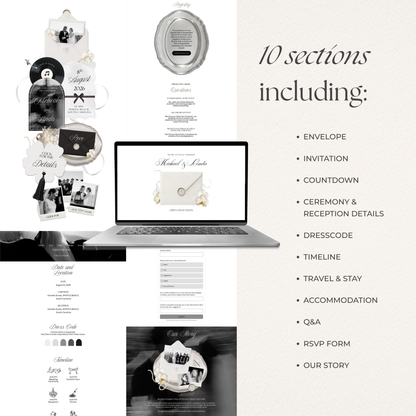 White & Black Floral Wedding Website Template with RSVP, Music and Countdown Timer | Wedding invites (Digital Download)