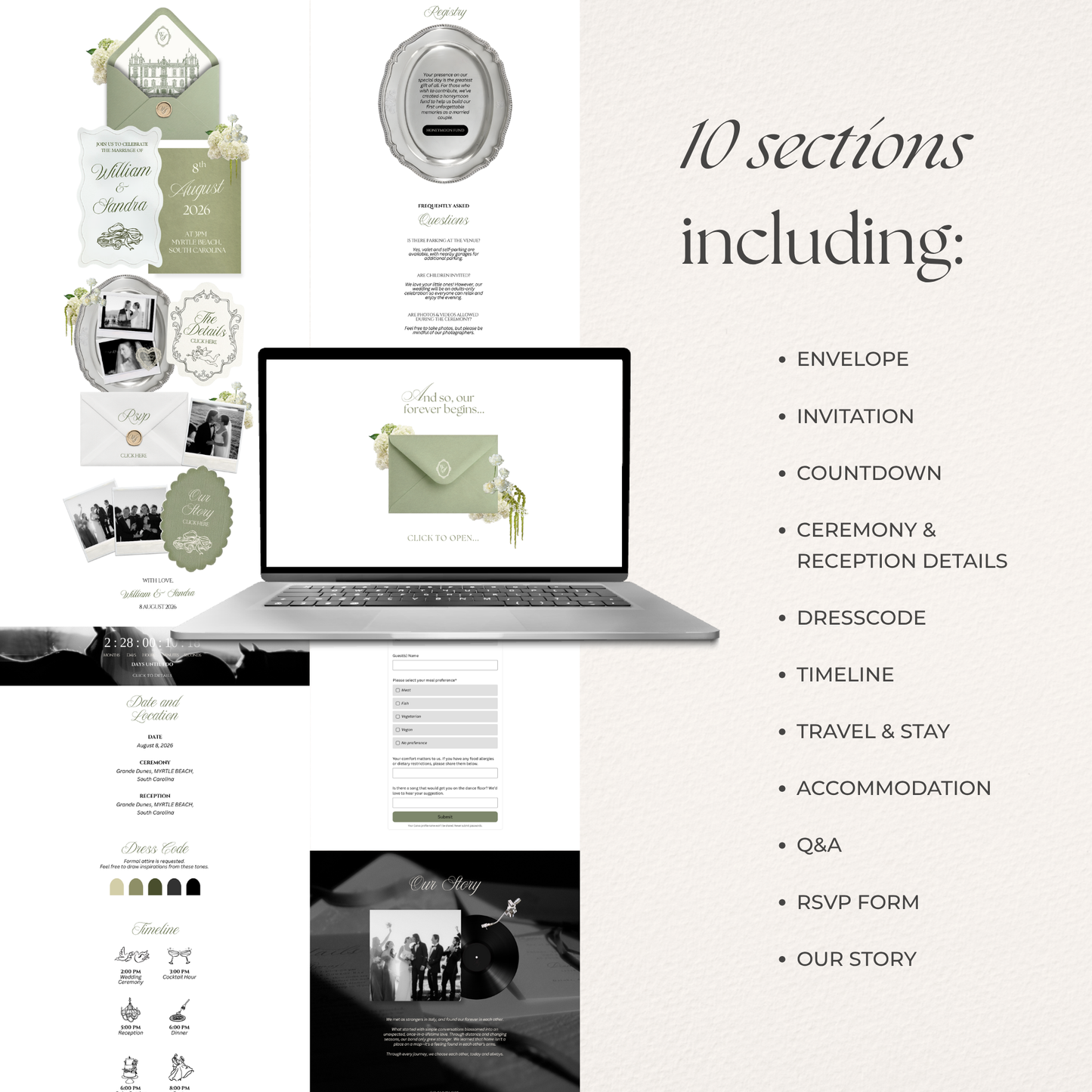Sage Green & Ivory Floral Wedding Website Template with RSVP, Music and Countdown Timer: Editable Canva Design (Digital Download)