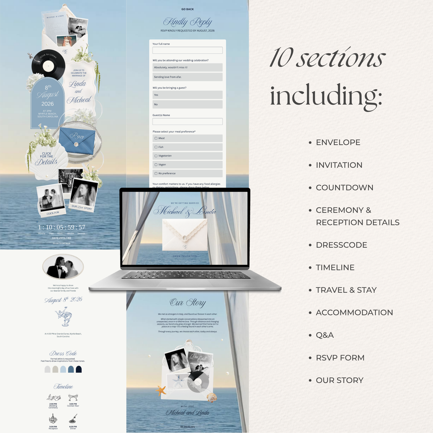 Dusty Blue Floral Wedding Website Template | Digital Wedding Invitation with RSVP, Music and Countdown Timer | Instant Download