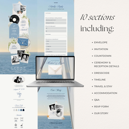 Dusty Blue Floral Wedding Website Template | Digital Wedding Invitation with RSVP, Music and Countdown Timer | Instant Download