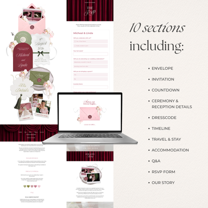 Burgundy, Green & Pink Floral Wedding Website Template with RSVP, Music and Countdown Timer: Editable Canva Design (Digital Download)