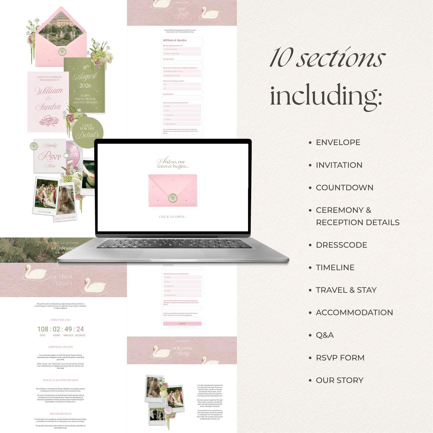 Pink & Green Floral Wedding Website Template with RSVP, Music and Countdown Timer: Editable Canva Design (Digital Download)