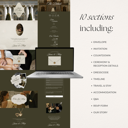 Olive Green Wedding Website Template with RSVP, Music and Countdown Timer: Old Money Wedding Invitation | Classic Digital Invitation