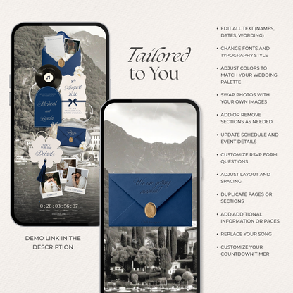 Navy & Dusty Blue Wedding Website Template with RSVP, Music and Countdown Timer: Editable Canva Design (Digital Download)