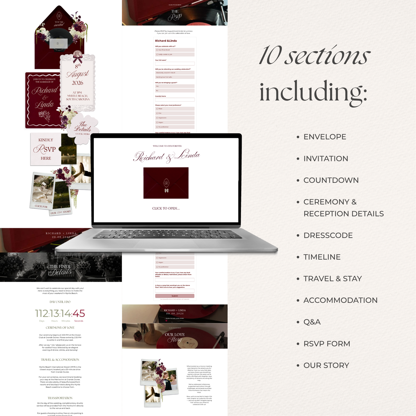 Burgundy Floral Wedding Website Template with RSVP, Music and Countdown Timer: Editable Canva Design (Digital Download)