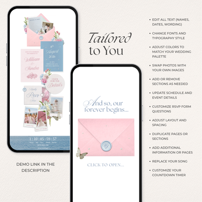 Blush Pink & Blue Floral Wedding Website Template with RSVP, Countdown and Music: Editable Canva Design (Digital Download)