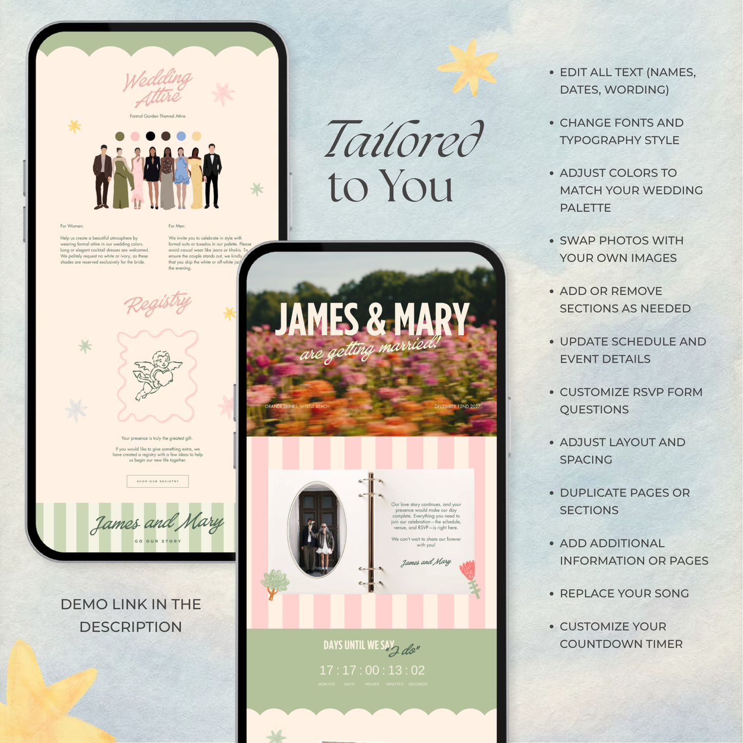 Colorful Floral Wedding Website Template with RSVP, Music and Countdown Timer: DIY Canva Template (Digital Download)