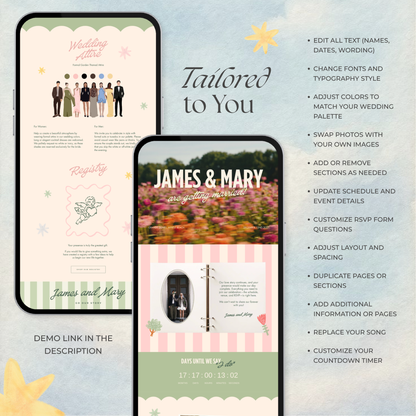 Colorful Floral Wedding Website Template with RSVP, Music and Countdown Timer: DIY Canva Template (Digital Download)