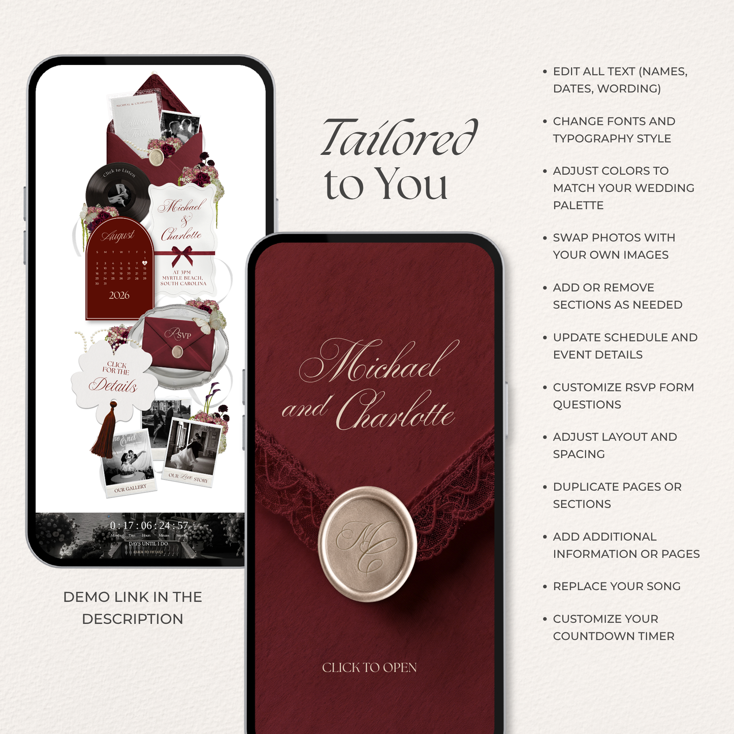 Burgundy Wedding Website Template | Digital Wedding Invitation with RSVP, Music and Countdown Timer | Instant Download