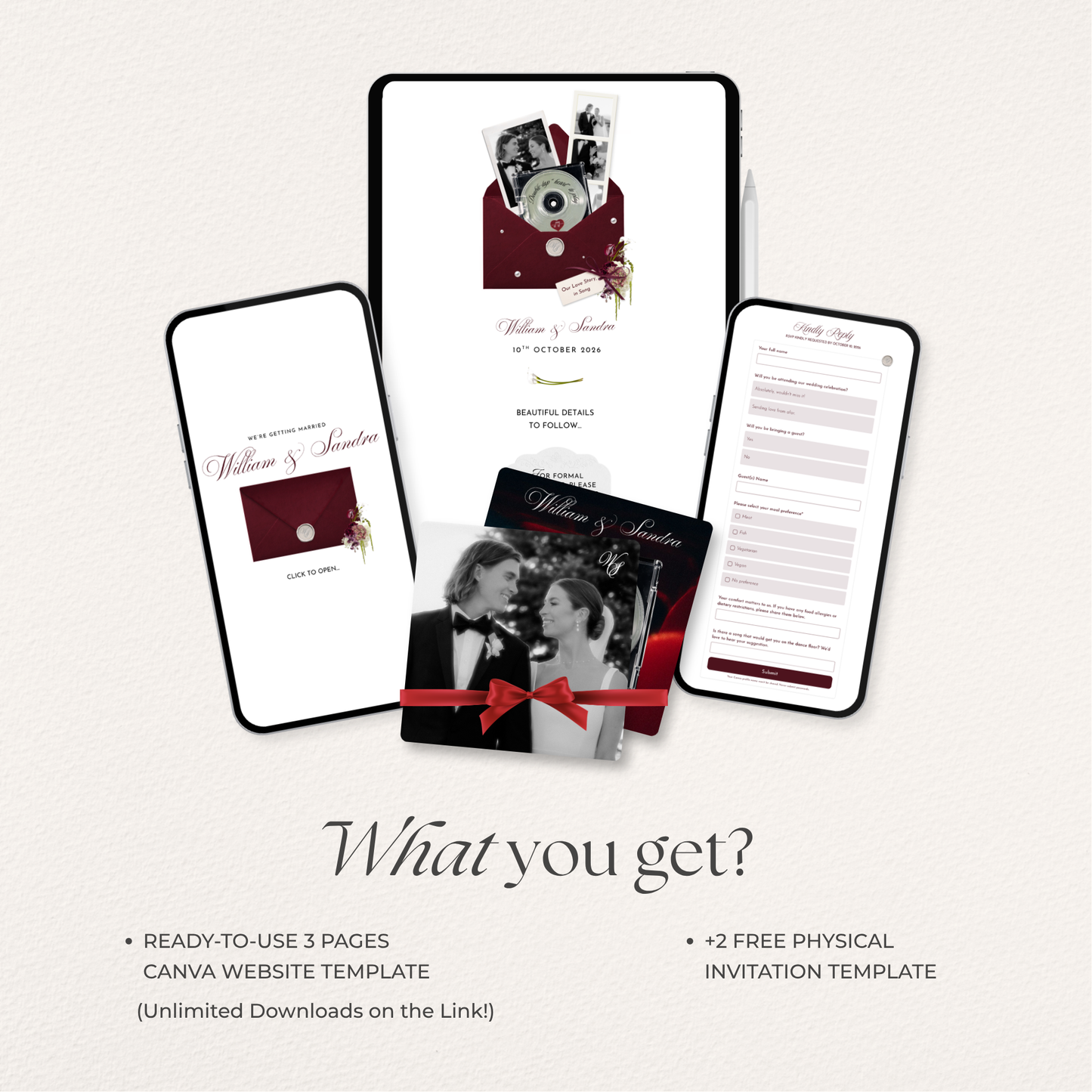Burgundy Floral Save the Date Website with RSVP/Details,Music and Countdown Timer: Canva Digital Invitation Template (Digital Download)