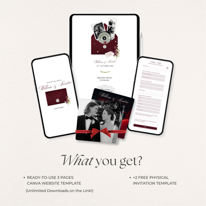 Burgundy Floral Save the Date Website with RSVP/Details,Music and Countdown Timer: Canva Digital Invitation Template (Digital Download)