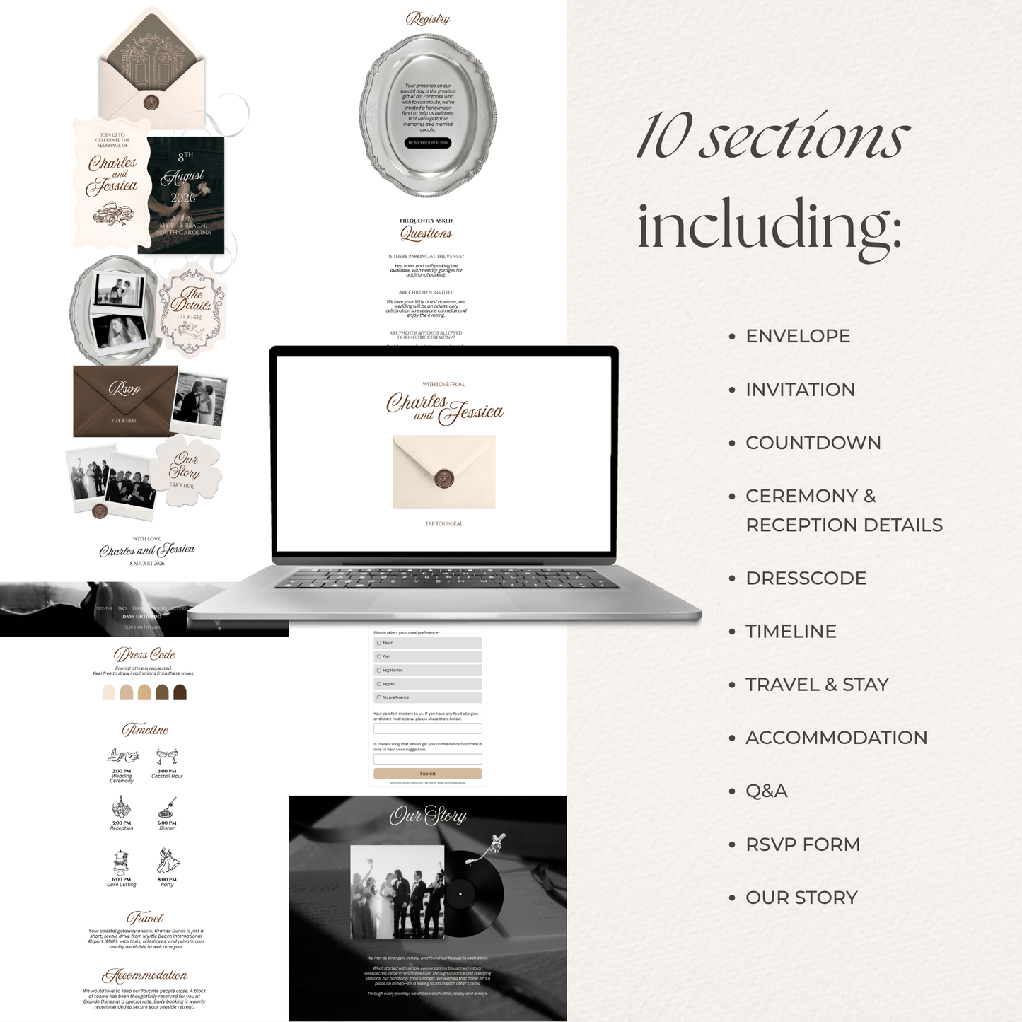 Brown & Ivory Wedding Website Template with RSVP, Music and Countdown Timer: Classic Floral Envelope Digital Invitation