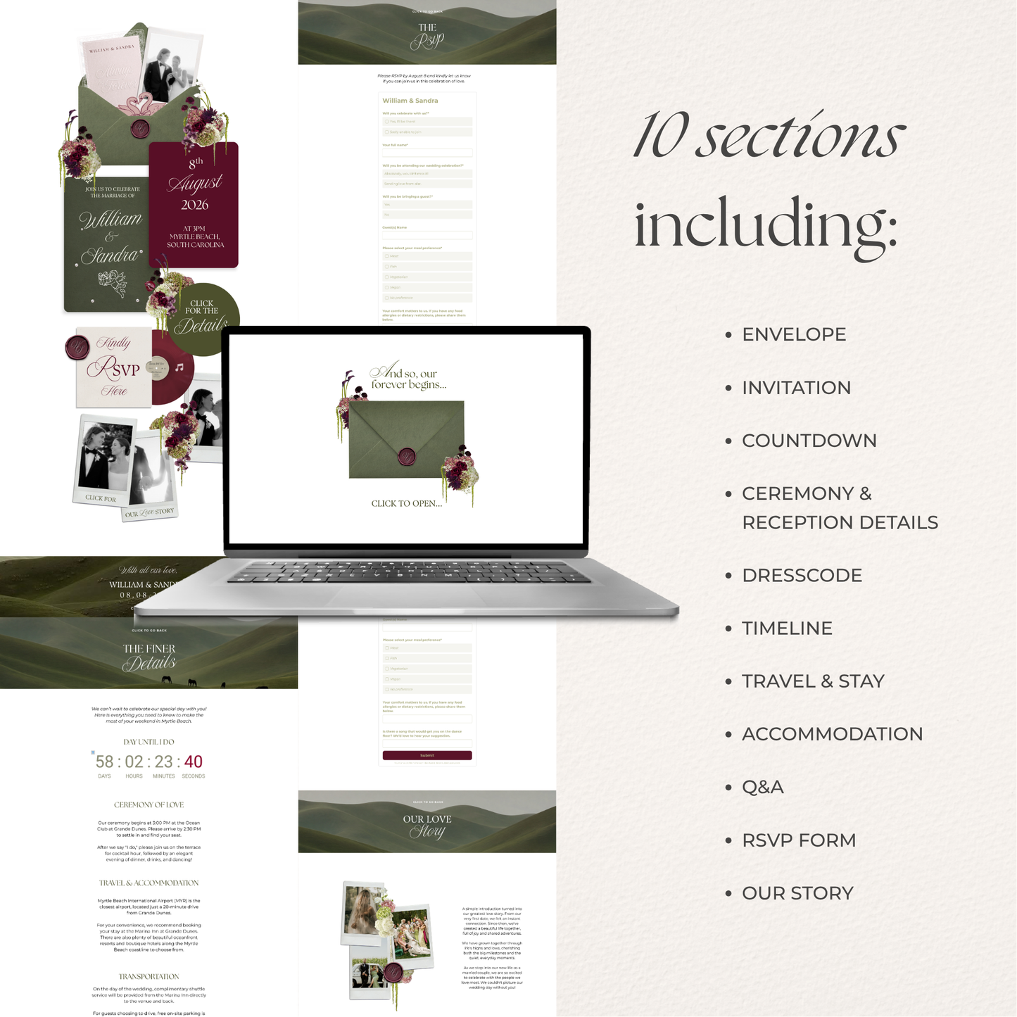 Olive Green & Burgundy Floral Wedding Website Template with RSVP, Countdown and Music: Editable Canva Design (Digital Download)
