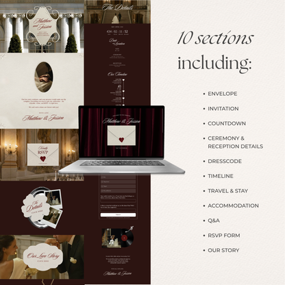 Old Money Wedding Website Template with RSVP, Music and Countdown Timer: Classic Burgundy Digital Invitation