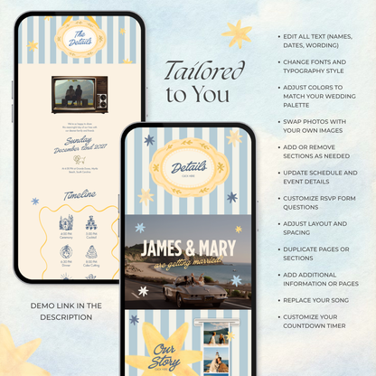 Blue & Yellow Retro Wedding Website Template | Digital Wedding Invitation with RSVP, Music and Coundown Timer | Instant Download