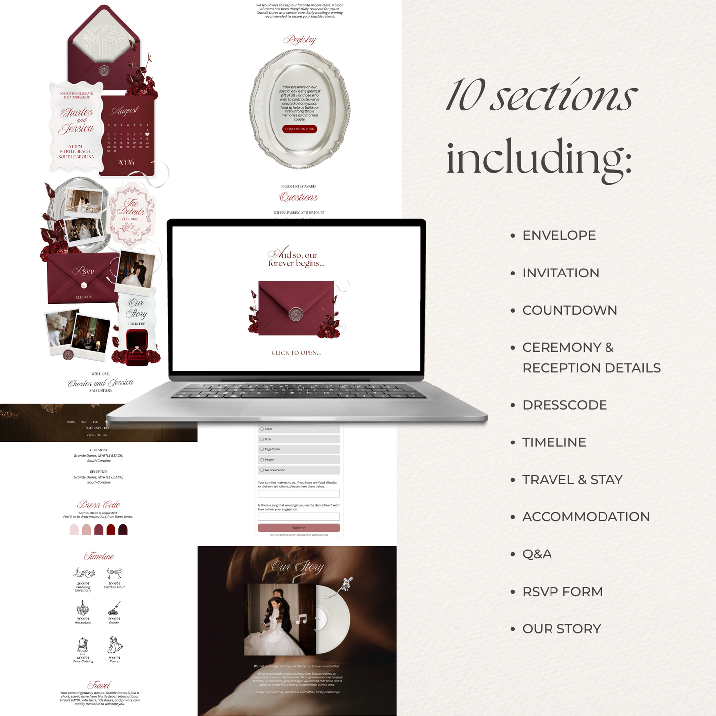 Burgundy & Ivory Vintage Floral Wedding Website Template with RSVP, Music and Countdown Timer | Editable Canva Design (Digital Download)