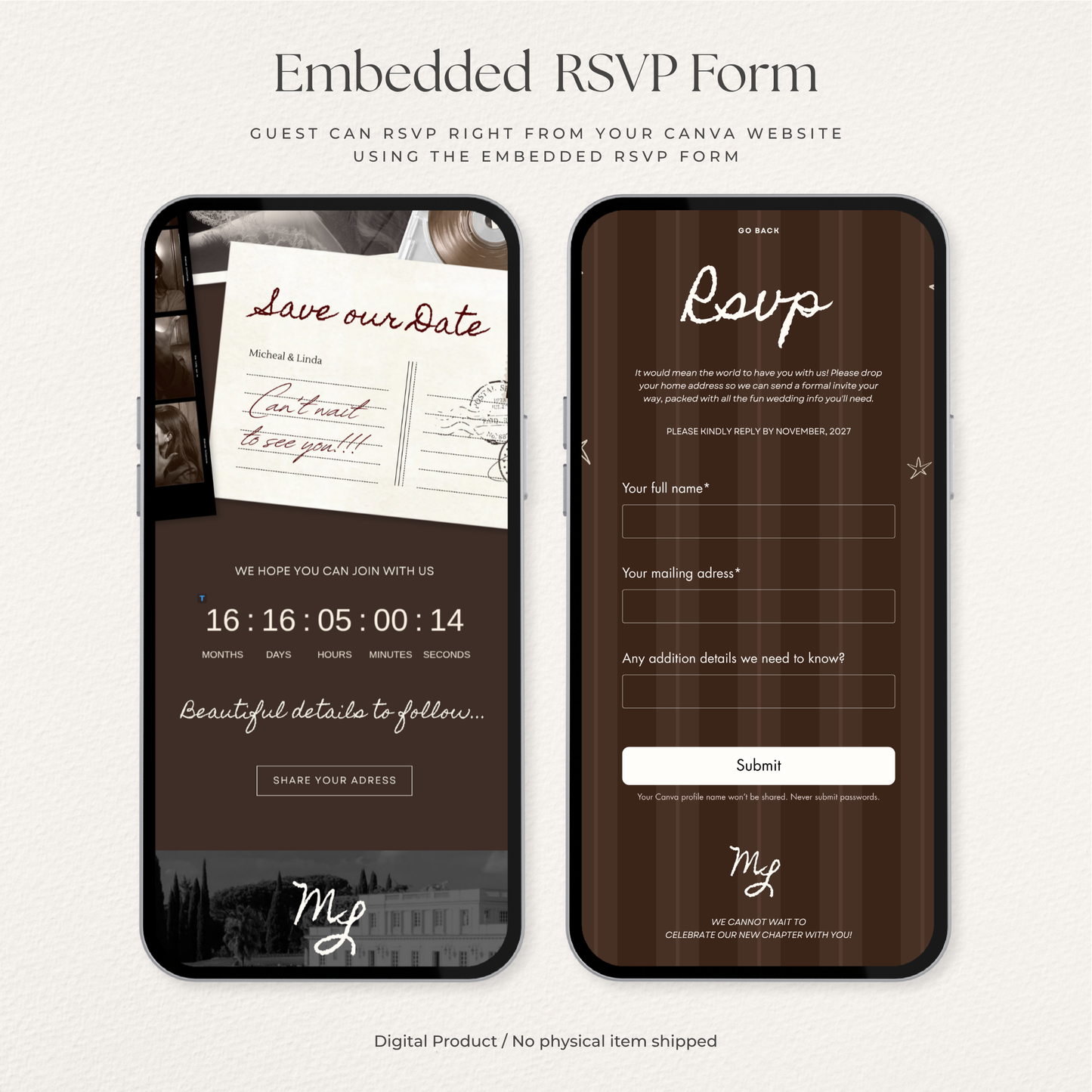Brown Photo Booth Save the Date with RSVP, Editable Canva Wedding Website, Digital Invitation | Instant Download