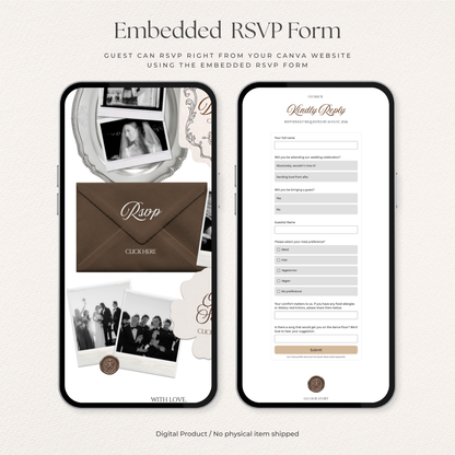 Espresso Brown & Ivory Wedding Website Template with RSVP, Music and Coundown Timer: Editable Canva Design (Digital Download)