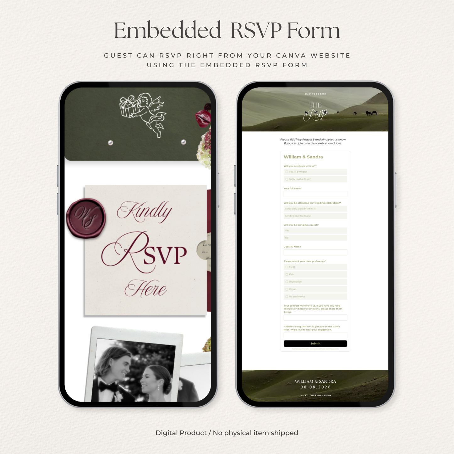 Olive Green & Burgundy Floral Wedding Website Template with RSVP, Countdown and Music: Editable Canva Design (Digital Download)