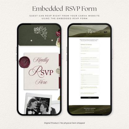Olive Green & Burgundy Floral Wedding Website Template with RSVP, Countdown and Music: Editable Canva Design (Digital Download)