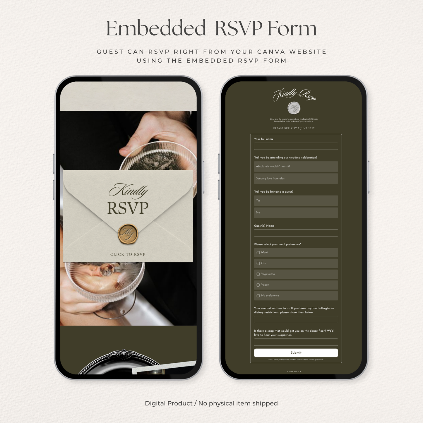 Olive Green Wedding Website Template with RSVP, Music and Countdown Timer: Old Money Wedding Invitation | Classic Digital Invitation
