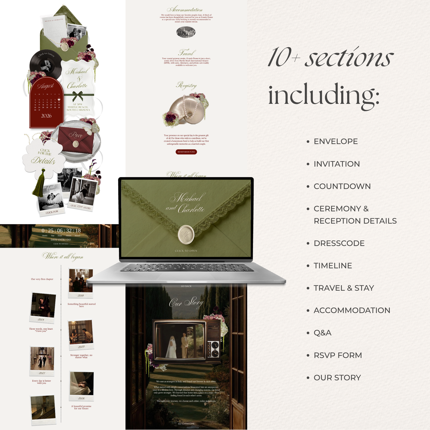 Olive Green Wedding Website Template Canva | Digital Wedding Invitation with RSVP, Music and Countdown Timer | Instant Download