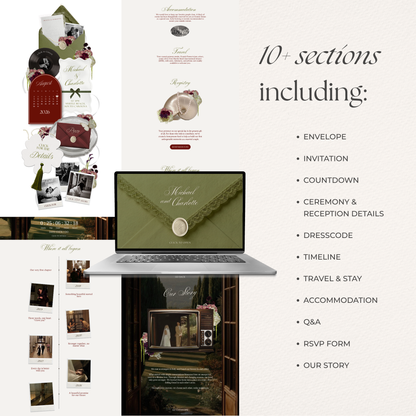 Olive Green Wedding Website Template Canva | Digital Wedding Invitation with RSVP, Music and Countdown Timer | Instant Download