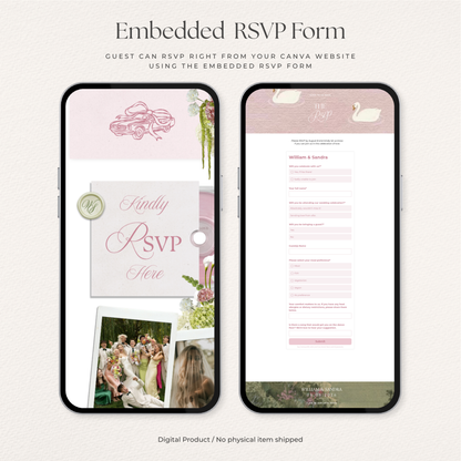 Pink & Green Floral Wedding Website Template with RSVP, Music and Countdown Timer: Editable Canva Design (Digital Download)