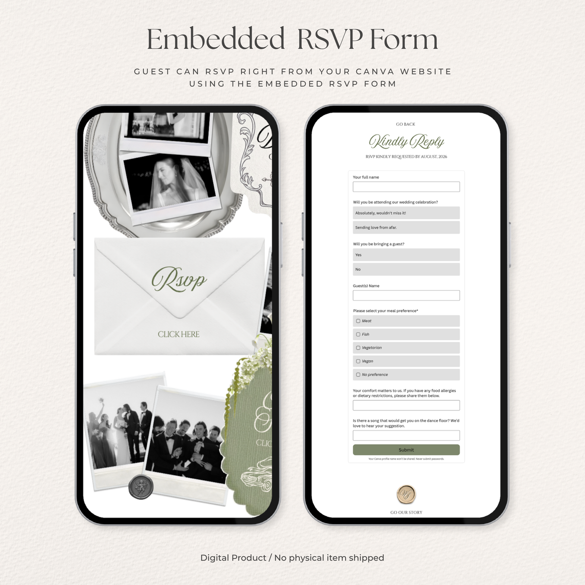 Ivory, Green & Black Floral Wedding Website Template with RSVP, Music and Countdown Timer: Editable Canva Design (Digital Download)