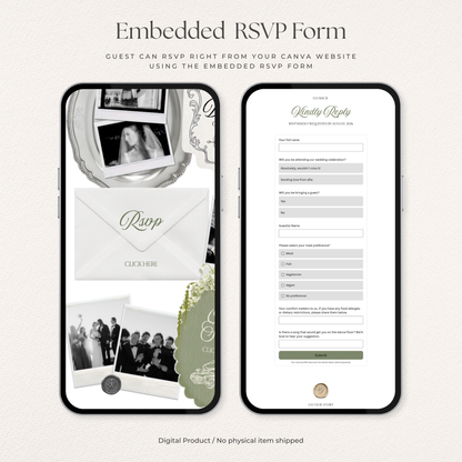 Ivory, Green & Black Floral Wedding Website Template with RSVP, Music and Countdown Timer: Editable Canva Design (Digital Download)