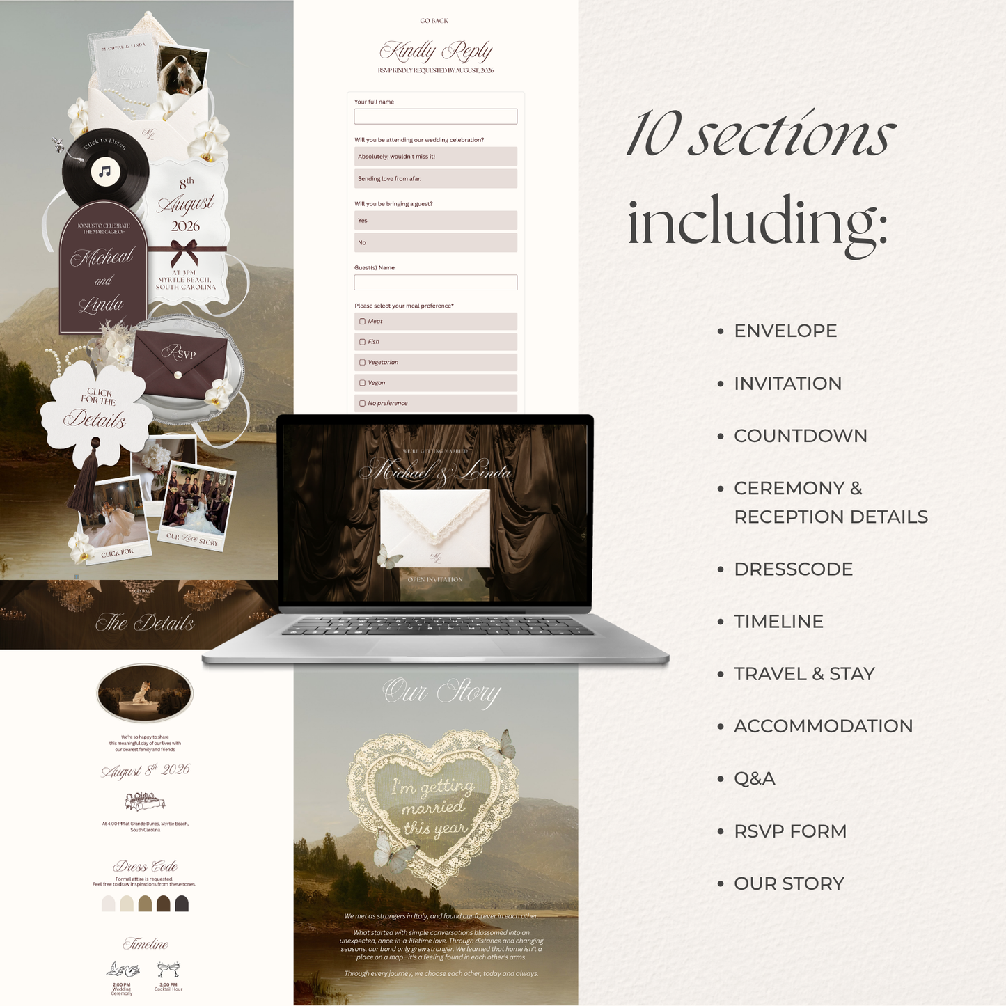 Brown & Ivory Floral Wedding Website Template with RSVP, Countdown and Music: Classic Envelope Digital Invitation