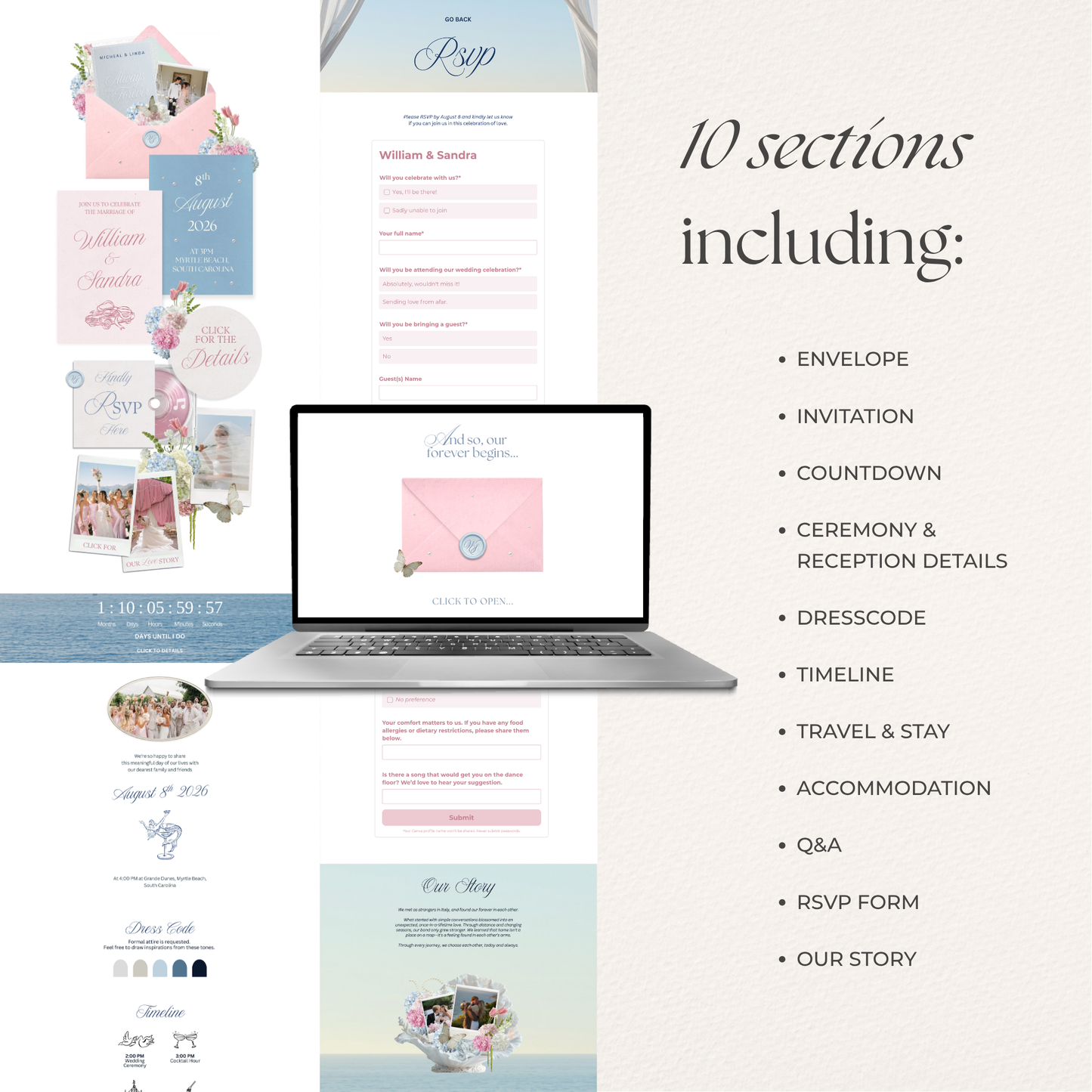 Blush Pink & Blue Floral Wedding Website Template with RSVP, Countdown and Music: Editable Canva Design (Digital Download)