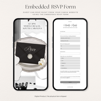 White & Black Floral Wedding Website Template with RSVP, Music and Countdown Timer | Wedding invites (Digital Download)