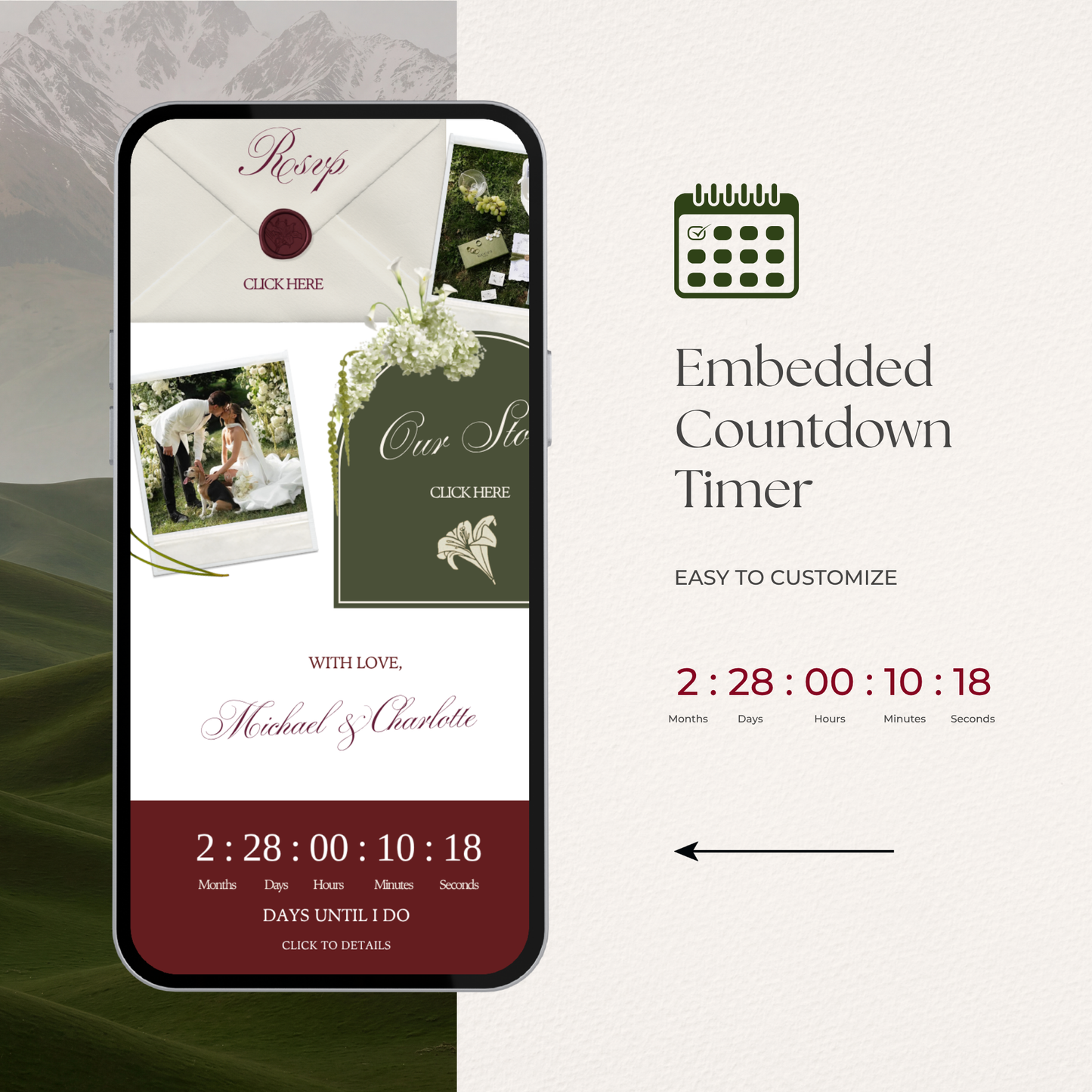 Olive Green & Burgundy Floral Wedding Website Template with RSVP, Music and Countdown Timer: Editable Canva Design (Digital Download)