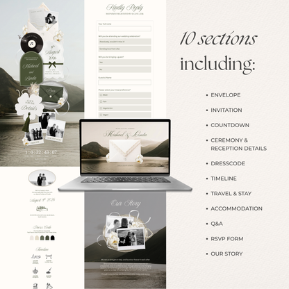 Olive Green Floral Wedding Website Template with RSVP, Music and Countdown Timer: DIY Canva Template (Digital Download)